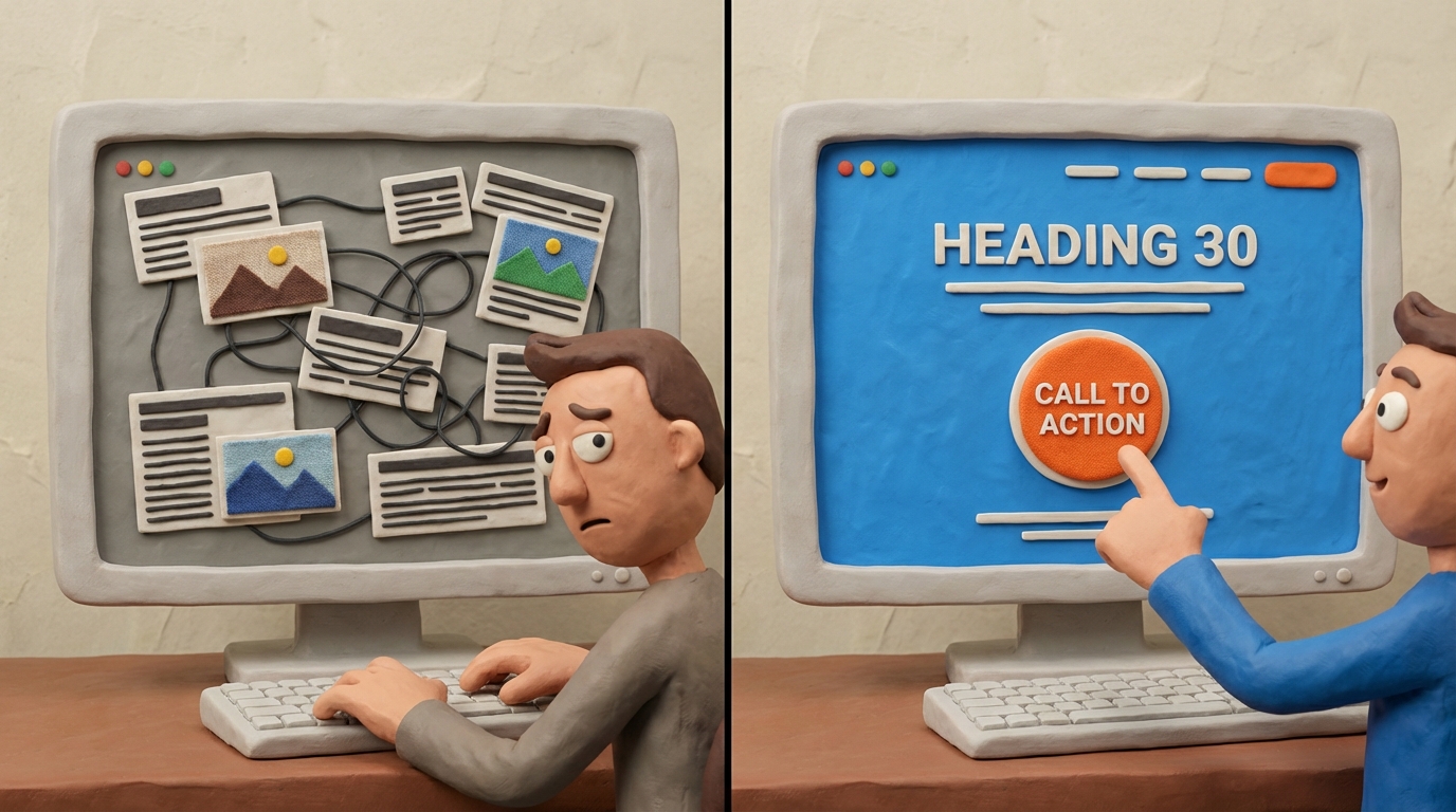 A split screen composition, divided vertically down the middle. On the left side, a cluttered and confusing landing page is depicted on a generic computer monitor, filled with too much text, small images, and no clear path forward. The monitor screen on this side is a dull, uninviting grey. On the right side, a clean, minimalistic landing page is shown on an identical monitor, featuring a prominent, brightly colored call-to-action button in the center and clear, concise headings. The right monitor glows with a vibrant, inviting blue. The overall mood contrasts frustration with efficiency. Eye-level view.