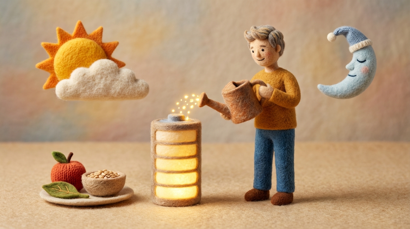 A stylized person standing beside a large, glowing battery icon, which is almost full. The person is holding a watering can, metaphorically 