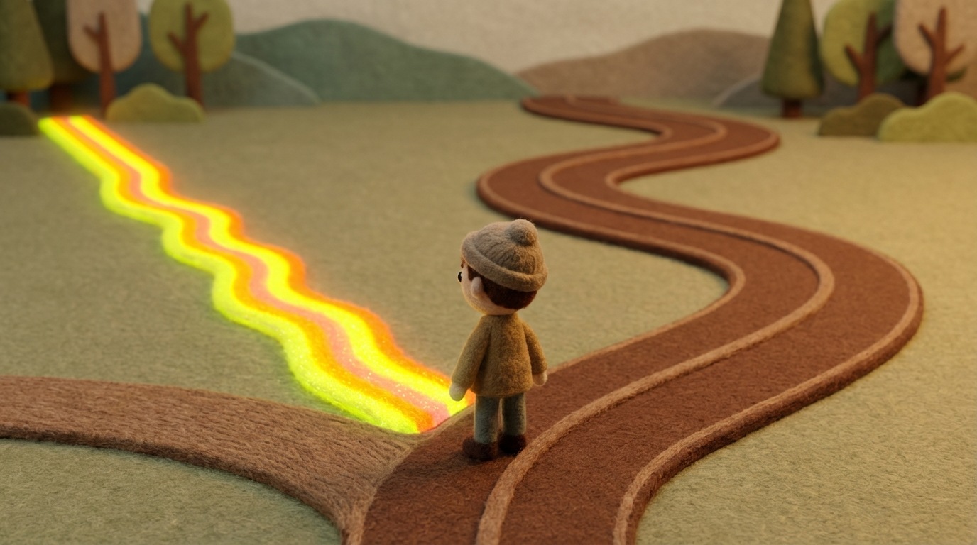 A path splitting into two distinct routes. One is a straight, brightly lit, but narrow and potentially misleading shortcut, with a shimmering, almost deceptive quality. The other is a winding, longer, but clearly marked and solid road, appearing more reliable. A small, stylized figure stands at the split, looking towards the shortcut with a hesitant but curious posture. The background is a muted, abstract landscape. The colors are soft greens and browns for the main landscape, with a contrasting bright, almost neon line for the shortcut, highlighting its allure.