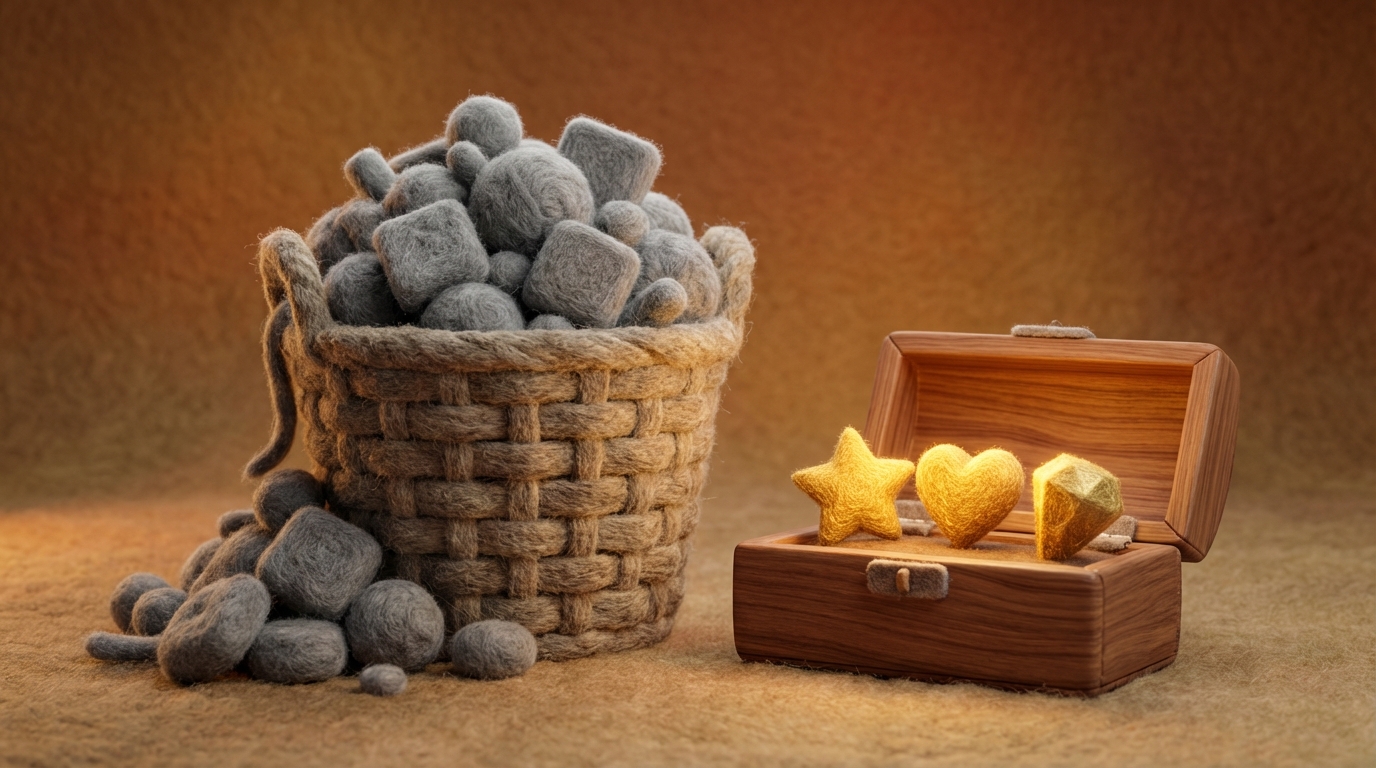 A large, overflowing bucket labeled "High Frequency" is spilling out a chaotic mix of dull, grey, irrelevant shapes onto the ground. Next to it, a smaller, carefully crafted wooden box labeled "High Relevance" contains a few shimmering, golden shapes, each distinctly valuable. The scene emphasizes quality over quantity. A warm, earthy background contrasts with the bright, valuable elements.