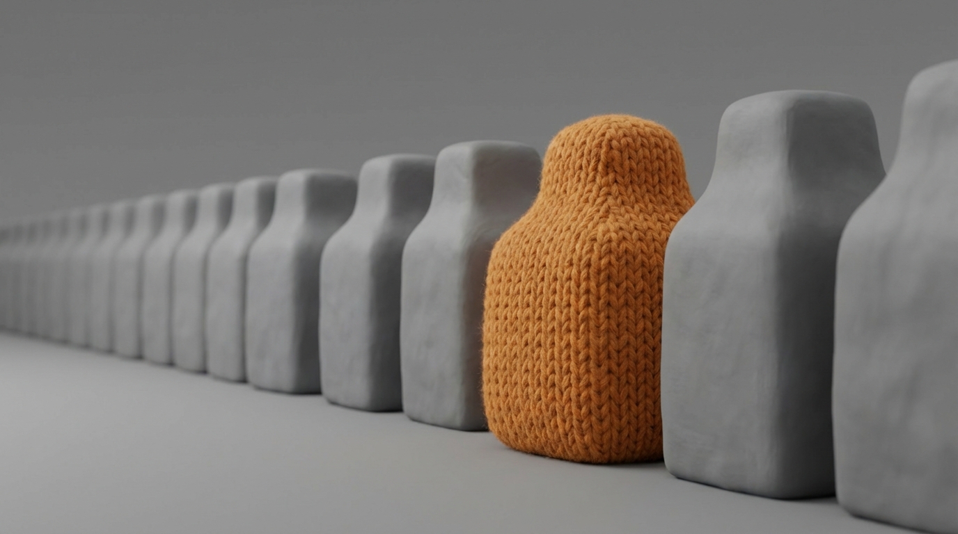 A row of many identical, gray, indistinct, and somewhat bland abstract shapes or building facades, stretching into the distance and blending into the background. In the immediate foreground, one shape is distinctly different: it is a vibrant, contrasting color (e.g., bright orange against gray), has a unique, subtle texture, or a slightly altered, more interesting form, making it stand out powerfully from the monotonous repetition. The difference is clear but not aggressive. The mood is one of quiet confidence and distinctiveness. Monochromatic background with a single, brightly colored object.