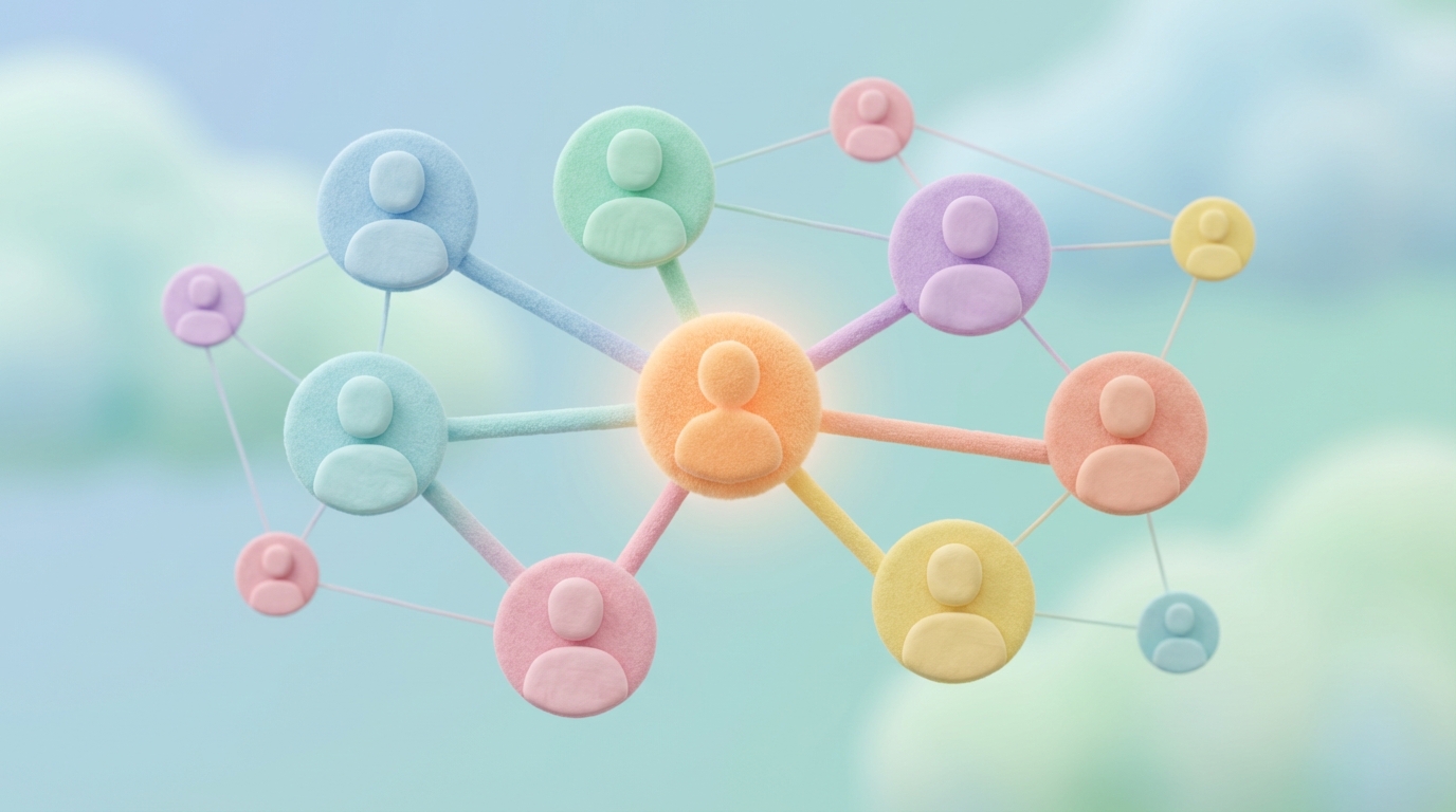 A stylized, interconnected network of diverse, abstract profile icons (no faces, just generic shapes representing people) arranged in a loose, organic cluster. Some icons are larger and more prominent, suggesting close connections, while others are smaller and further out, linked by subtle lines. In the center, a single, slightly glowing icon represents the business owner, connected to this network. The background is soft and blurred, with a friendly, communal atmosphere. The color palette uses various pastel shades to differentiate the icons, emphasizing diversity and connection.