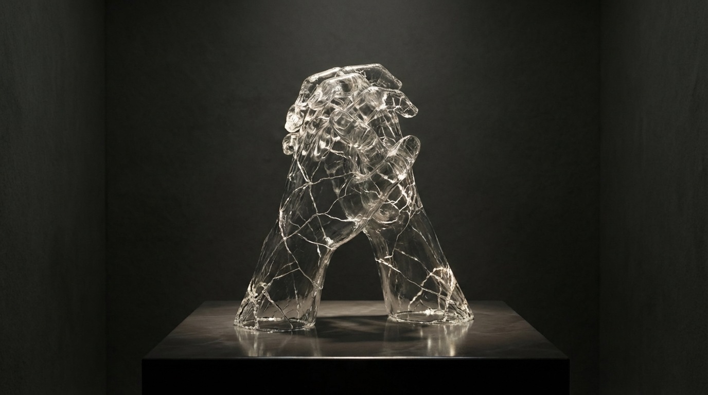 A delicate, intricately crafted glass sculpture of two hands coming together, but with visible cracks spreading across the glass, threatening to shatter the connection. The sculpture is placed on a dark, reflective pedestal against a minimalist background. The lighting is dramatic, highlighting the fragility and impending breakage. The mood is tense and cautionary.
