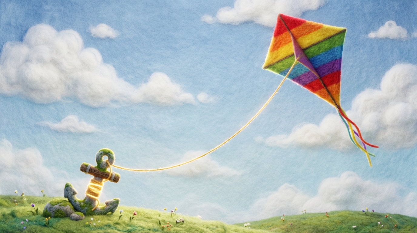A vast, open sky with a single, colorful kite flying gracefully. The kite is tethered by a thin, glowing string to a small, anchor-like object on the ground. The string is long enough to allow the kite to soar and explore a wide area, but it remains connected. The colors are bright and airy, conveying a sense of freedom that is gently guided rather than restricted. The mood is uplifting and harmonious.