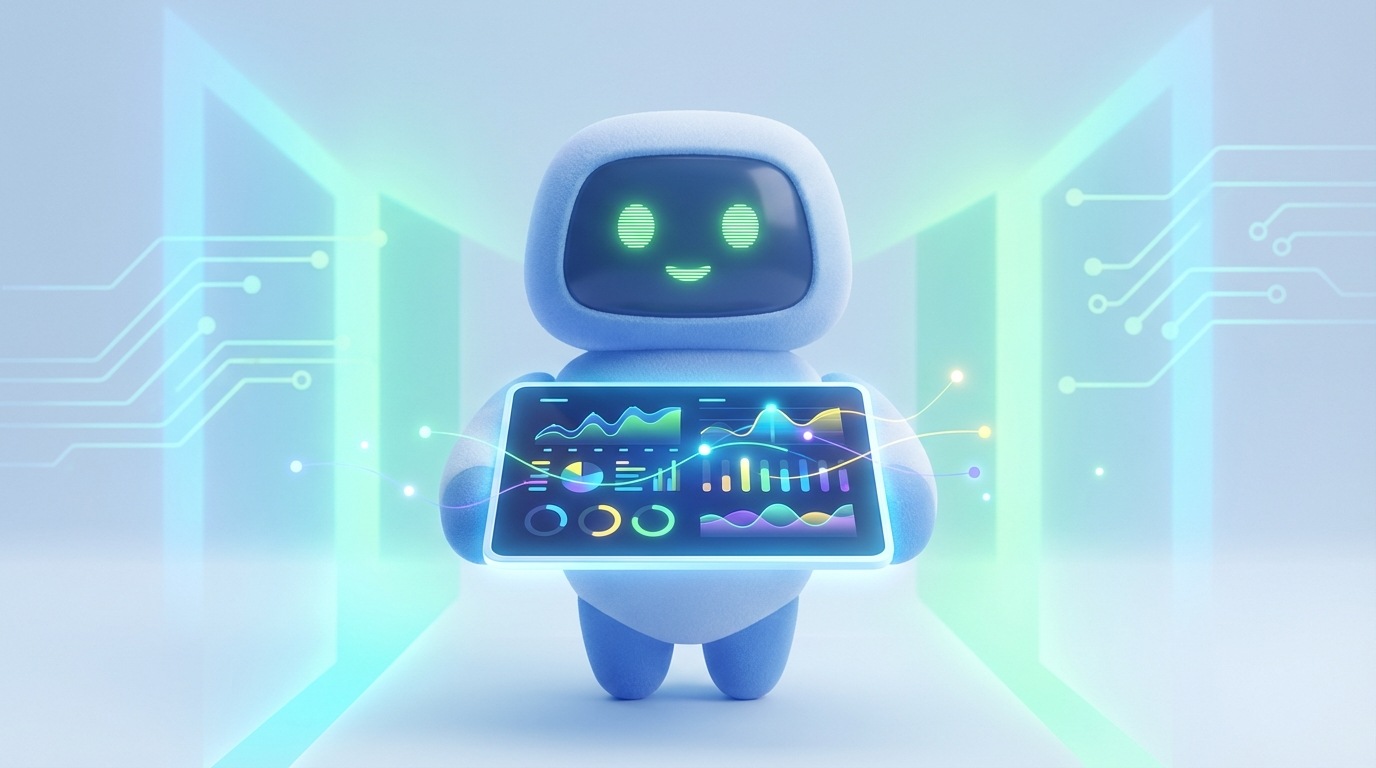 A stylized, friendly robot or assistant figure holding up a tablet displaying a dynamic, real-time dashboard with various colorful graphs and charts, representing data from Google Analytics 4. The robot has a helpful, approachable demeanor, standing in a clean, digital environment. The scene emphasizes powerful, automated assistance. Bright, tech-inspired color palette with blues and greens.