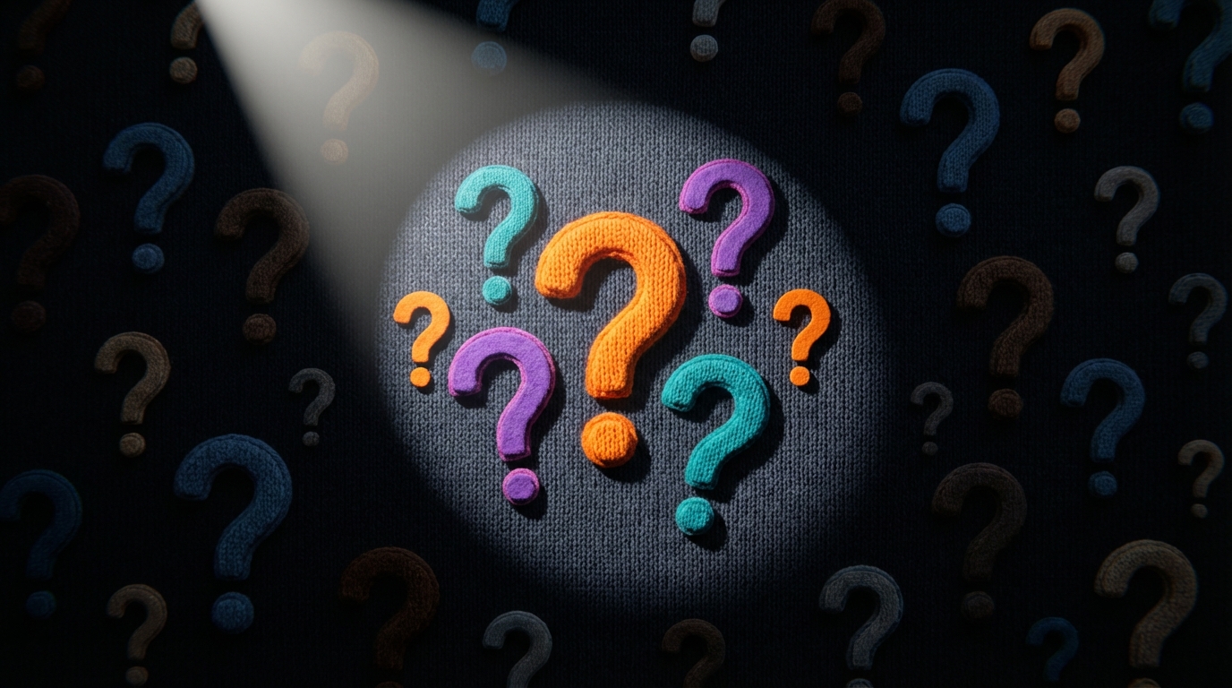 A spotlight shining on a few specific questions written on a large, dark wall, while many other less relevant questions remain in shadow around them. The focused questions are clear and bold, indicating prioritization. The overall mood is strategic and analytical. Dark background with bright, focused light on the key questions.