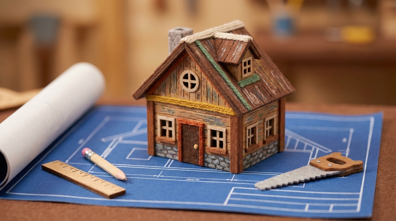 A close-up view of a small, intricately designed wooden house model placed carefully on a large, open blueprint. Around the blueprint are various tools like a small ruler, a pencil, and a miniature saw, suggesting detailed planning even for a small-scale project. The background is blurred, focusing on the contrast between the small, concrete object and the vast, detailed plan.