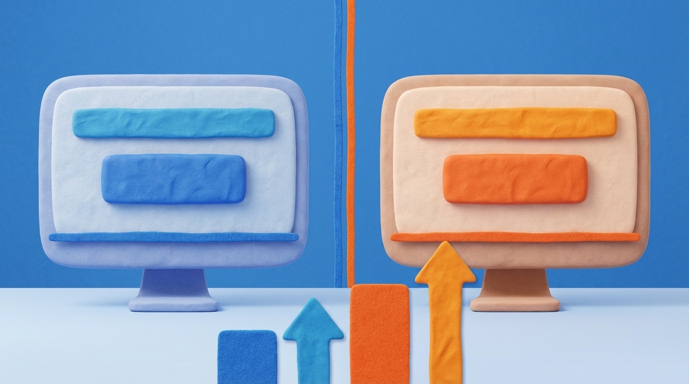 A split-screen view of a website landing page. The left side (Version A) shows a blue call-to-action button and a specific headline. The right side (Version B) shows an orange call-to-action button and a slightly reworded headline. Both versions are displayed on identical monitor screens, side-by-side, suggesting a direct comparison. A stylized graph below the screens indicates performance metrics, with one side showing a higher conversion rate. The color palette is clean and modern, with distinct colors for the buttons. The composition clearly illustrates the "A versus B" comparison.