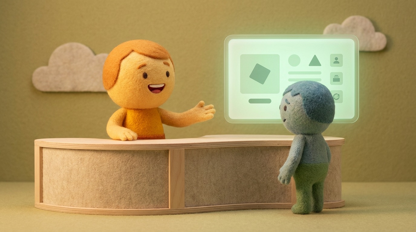 A warm, inviting scene depicting a stylized customer service desk. A friendly, approachable figure with an open posture is reaching out a hand towards a smaller, slightly hesitant customer figure. Behind the customer figure, a product screen shows a simple, clean interface. The customer figure appears to be on the verge of turning away but is now engaged by the outstretched hand. The color palette is soft and reassuring, with warm yellows and greens, creating a supportive atmosphere. Viewed from a comfortable eye-level, slightly off-center.