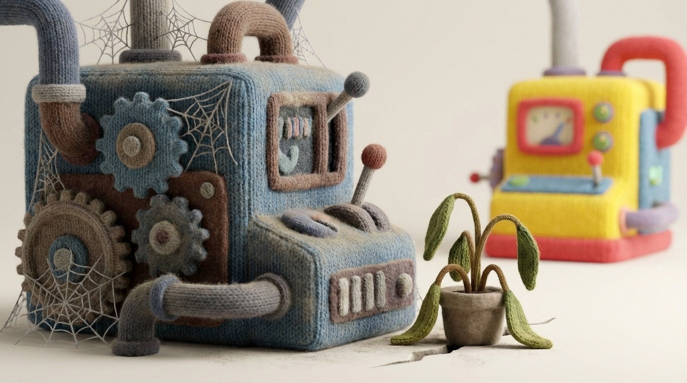 A stylized, once-efficient machine (perhaps an automated email sender with pipes and levers) covered in a thin layer of dust and cobwebs, with a single, small, wilting plant growing beside it. The machine appears idle, no lights are blinking. In the background, a new, vibrant, well-maintained machine is faintly visible, implying contrast. The colors are muted and dull for the neglected machine, with a hint of green for the wilting plant.