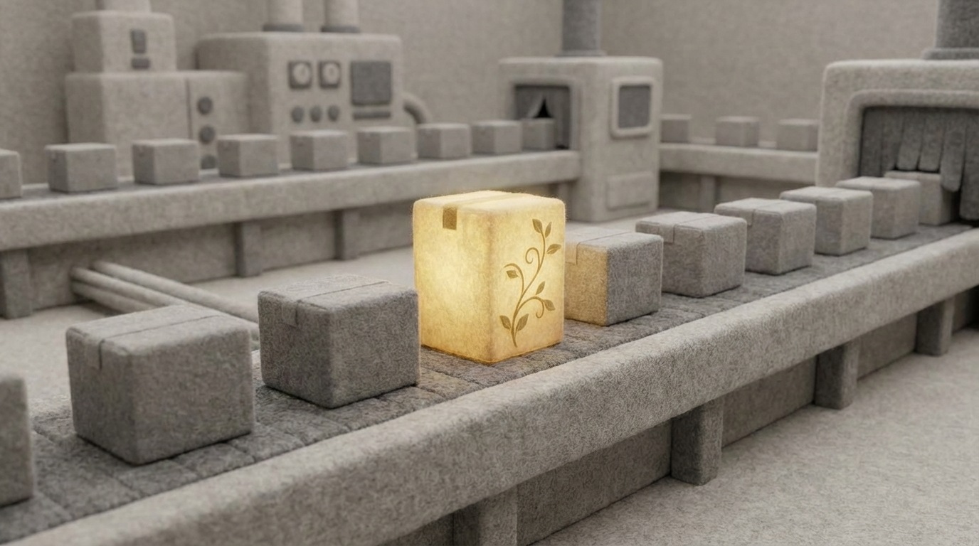 A collection of identical, plain grey boxes on a conveyor belt, representing generic products. Among them, one box is distinctly different: it's glowing with a soft, unique color (e.g., golden yellow), has a subtle, elegant pattern, and stands slightly taller, symbolizing its distinctiveness. The background is a muted factory setting, making the unique box stand out even more.