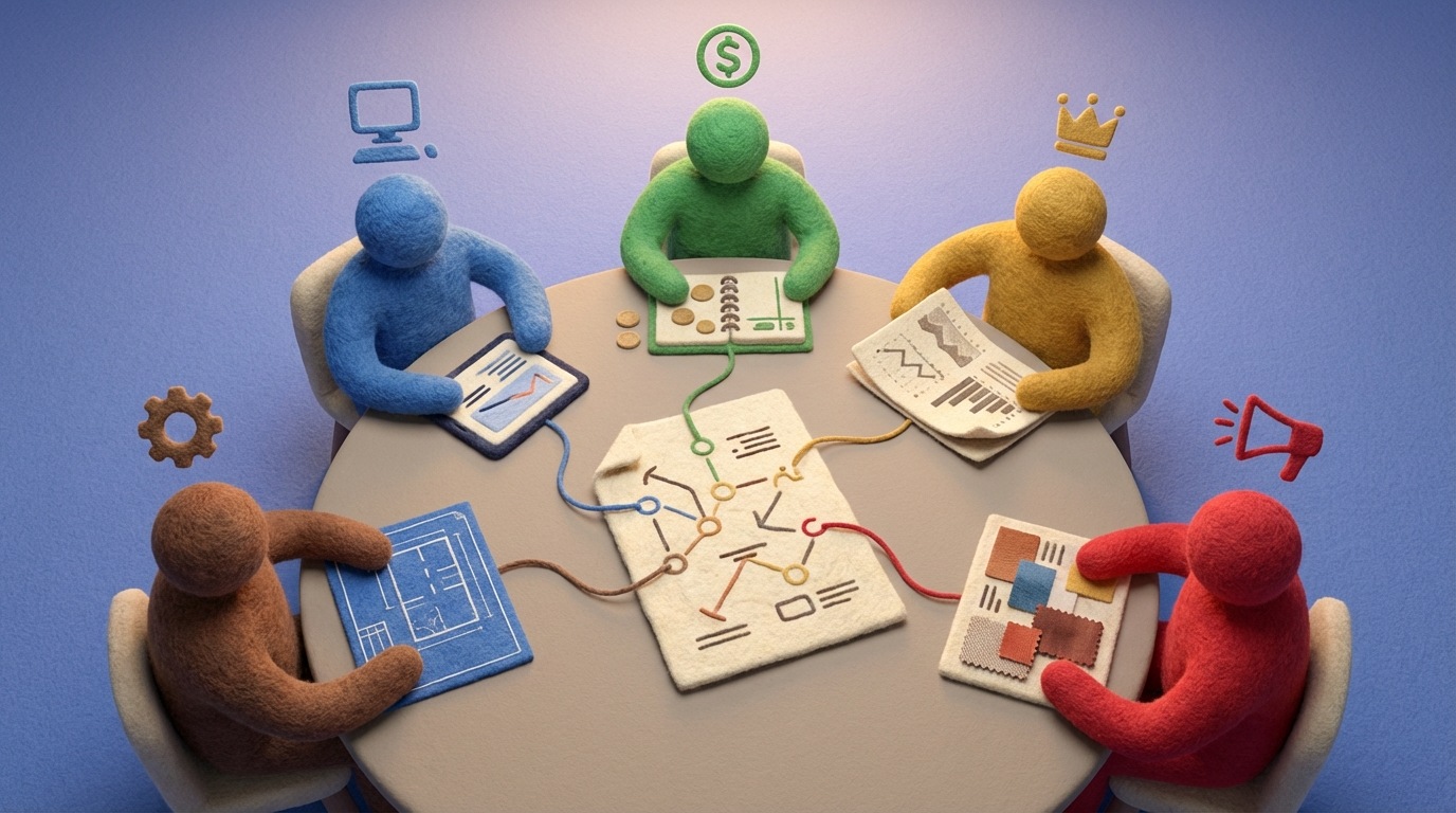 A circular table is depicted with several distinct, abstract figures seated around it. Each figure has a unique, simple icon above their head, representing their specific role: a computer for an IT Director, a currency symbol for a CFO, a crown for a CEO, and so on. The figures are shown looking at different documents or screens in front of them, symbolizing their varied priorities, yet all are connected to a central, shared document positioned in the middle of the table. The composition emphasizes collaboration despite diverse perspectives, rendered in a sophisticated color scheme with individual colors for each role, unified by a central, neutral tone.