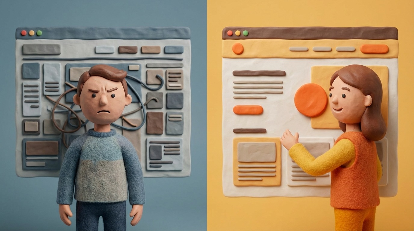 A split screen showing two scenarios. On the left, a frustrated, stylized user character stands in front of a cluttered, confusing website interface with many small, unorganized elements and no clear call to action. Their posture is one of confusion and readiness to leave. On the right, a welcoming, organized website interface with clear headings and a single, prominent action button. A content, engaged user character is easily navigating this side. The left side uses cool, muted tones, while the right side is bright and inviting with warmer colors. The composition emphasizes the stark contrast between a frustrating and an appealing online experience.