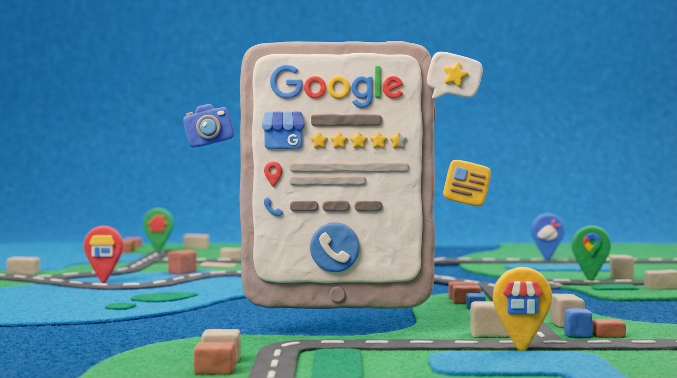 A stylized representation of a Google My Business profile card, prominently displayed on a map interface. The card shows a business name, address, phone number, star ratings, and a "Call" button. Around the profile card, small icons representing photos, reviews, and posts are visible, emphasizing the richness of the GMB profile. The map shows a local area with other businesses, highlighting visibility. The color palette is bright and user-friendly, consistent with Google's branding.