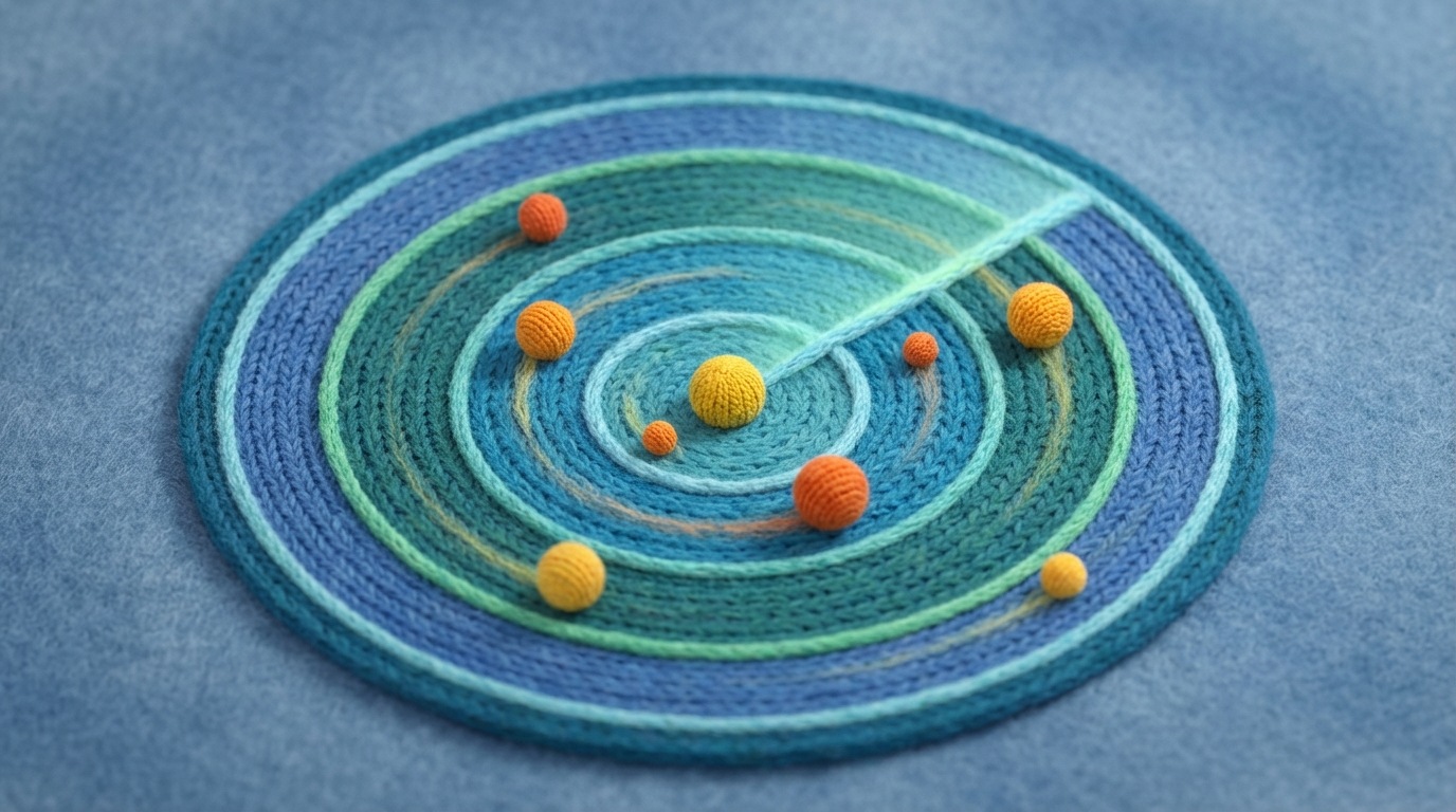 A stylized radar screen with concentric circles. A small, central dot represents a business, surrounded by multiple moving blips representing market trends, competitors, and economic shifts. The radar beam sweeps across the screen, illuminating the blips. The color palette uses cool blues and greens for the screen, with warm orange and yellow for the blips, creating a sense of dynamic monitoring. Viewed from a slightly elevated, isometric perspective.