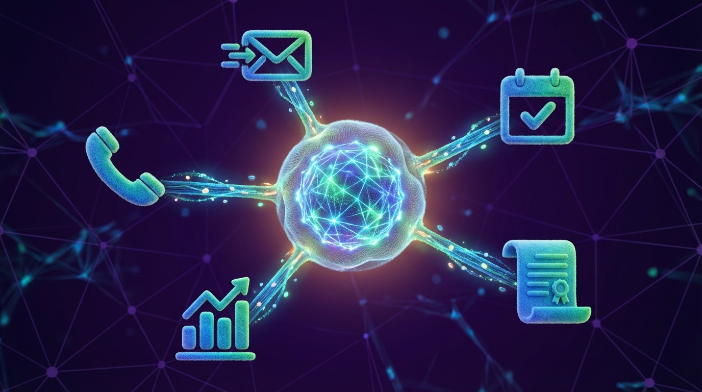 A central, glowing digital hub (representing a CRM system) with multiple spokes connecting to various peripheral icons: a phone, an email envelope, a calendar, a document, and a chart. Data streams (small, glowing lines) flow into and out of the central hub, illustrating seamless integration and centralized management of customer interactions. The background is a dark, abstract network, emphasizing connectivity and efficiency. The color palette features bright, energetic blues and greens against a deep purple.