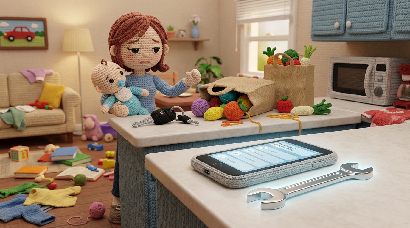 A busy, chaotic scene in a family home, with a parent looking stressed while juggling children, groceries, and a broken car key on the counter. In the foreground, a sleek, modern car mechanic's tool (like a wrench or diagnostic tablet) is presented almost like a solution or a ray of hope. The background is a warm, slightly messy domestic interior, emphasizing the "pain" of daily disruption. The composition contrasts the chaos with the clean, effective solution.