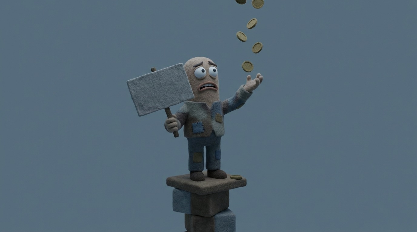 A person standing on a small, precarious platform, holding a sign with a company valuation, trying to catch falling coins from unseen sources above. The person looks anxious and desperate. The background is a vast, empty space, symbolizing the lack of concrete support or interest from investors. The color palette is muted and somber.