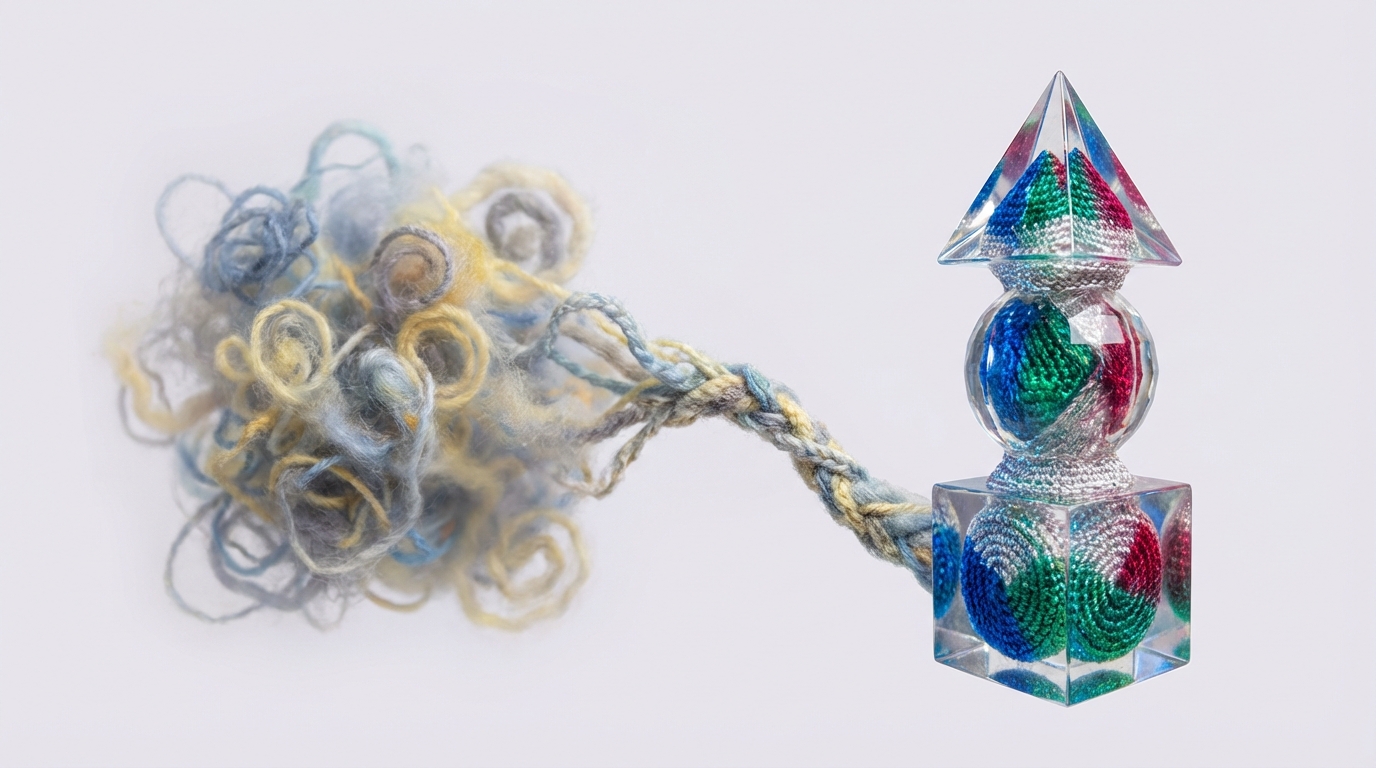 A visual metaphor of transformation. On the left, a cloud of indistinct, swirling colors and abstract shapes, representing raw, unformed ideas. On the right, a clear, crystalline structure with three distinct, interconnected segments, labeled (visually, but not with text) for 