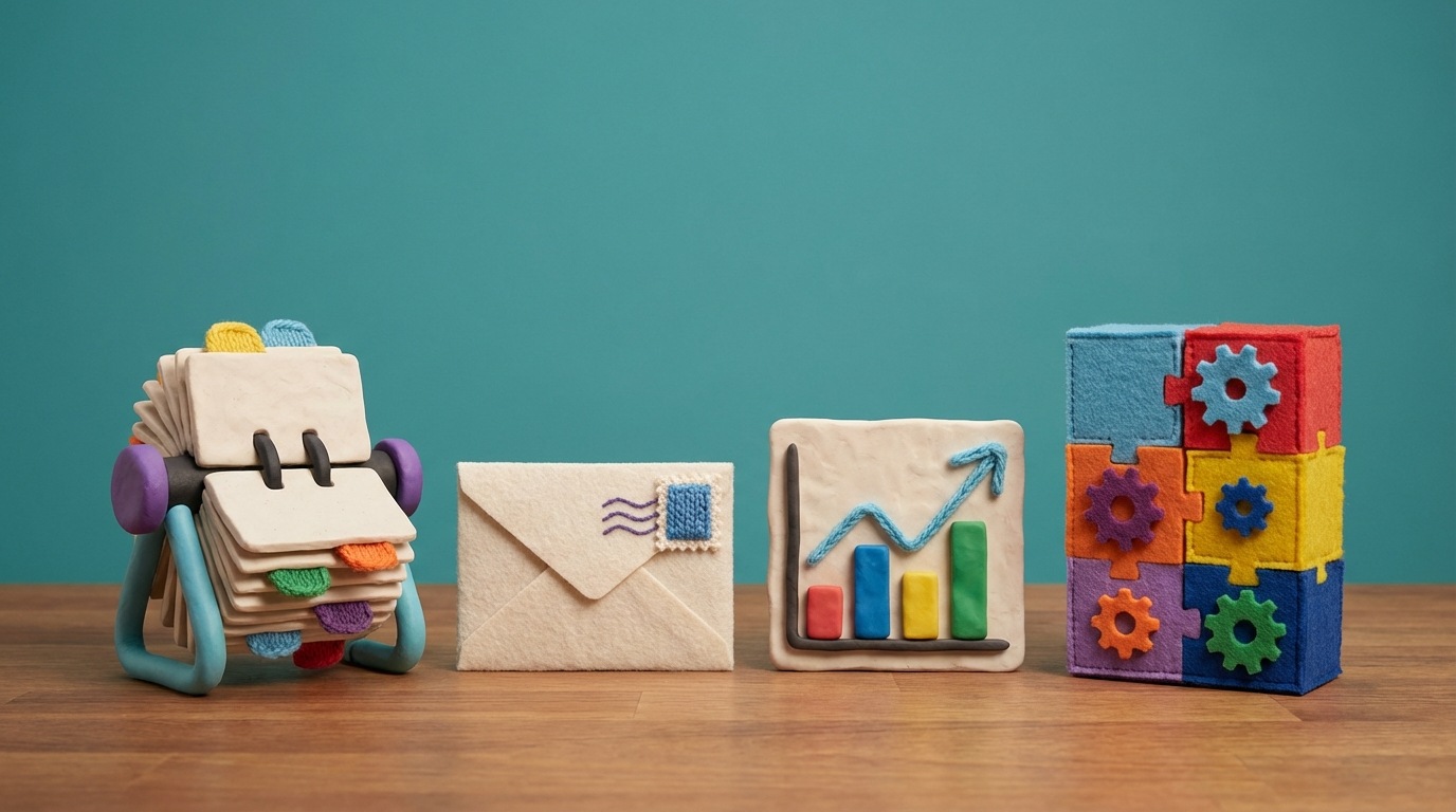 A collection of diverse digital tools and software interfaces, arranged in a cohesive and organized manner. This could include stylized icons or windows representing CRM, email marketing, analytics, and website builders, symbolizing a comprehensive toolkit for sales and marketing.