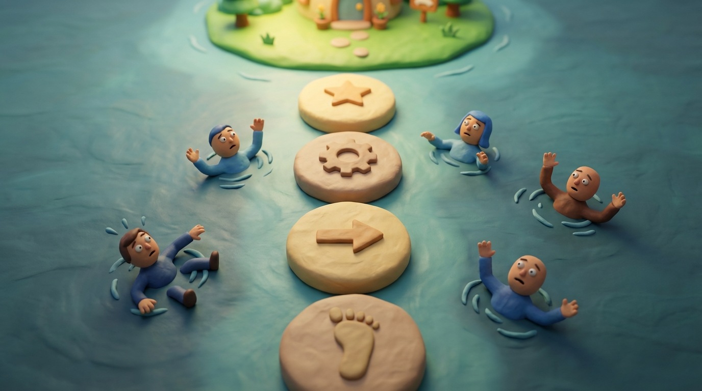 A series of large, distinct stepping stones leading across a calm body of water towards a clear, visible destination on the other side. Each stone has a simple, sequential number or icon (1, 2, 3...). In the water around the stones, small, confused figures are floundering. The path is well-lit and inviting, while the water is slightly murky. Overhead view, emphasizing clarity and guidance.