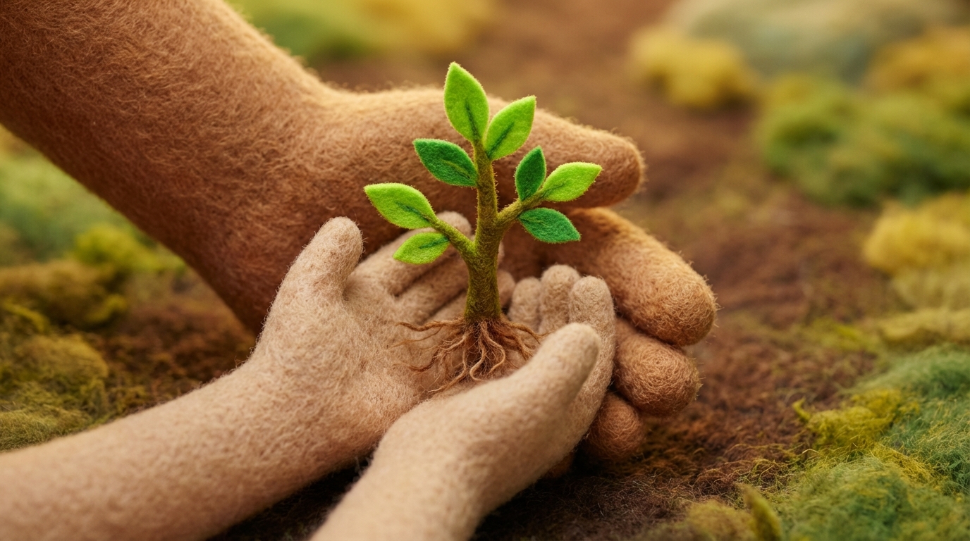 Two hands, one slightly larger and more established, the other smaller and developing, are gently cupped together, carefully holding a small, vibrant green sapling with visible, healthy roots. The background is a soft, warm blur of earthy tones, suggesting fertile ground and nurturing. The composition emphasizes care, growth, and a long-term investment, rather than a quick, transactional exchange.