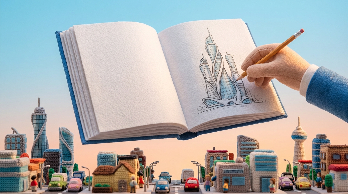 A large, open book with blank pages, floating above a detailed, miniature cityscape. A hand is gently sketching a magnificent, futuristic skyscraper onto one of the blank pages, symbolizing the creation of a vision from a broader perspective. The cityscape below is bustling but confined, while the vision above is expansive and imaginative. Soft, inspiring lighting.