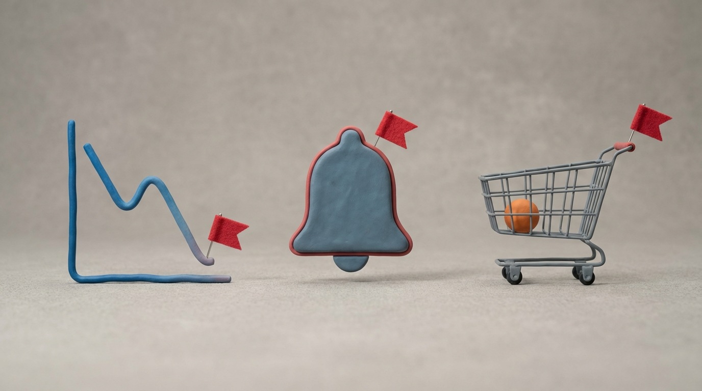 A visual representation of warning signs. A series of abstract icons are shown, each with a subtle red outline or a small red flag icon. These icons might represent declining activity (a fading line graph), reduced engagement (a muted notification bell), or infrequent purchases (a sparse shopping cart). The background is a neutral gray, making the red accents stand out.