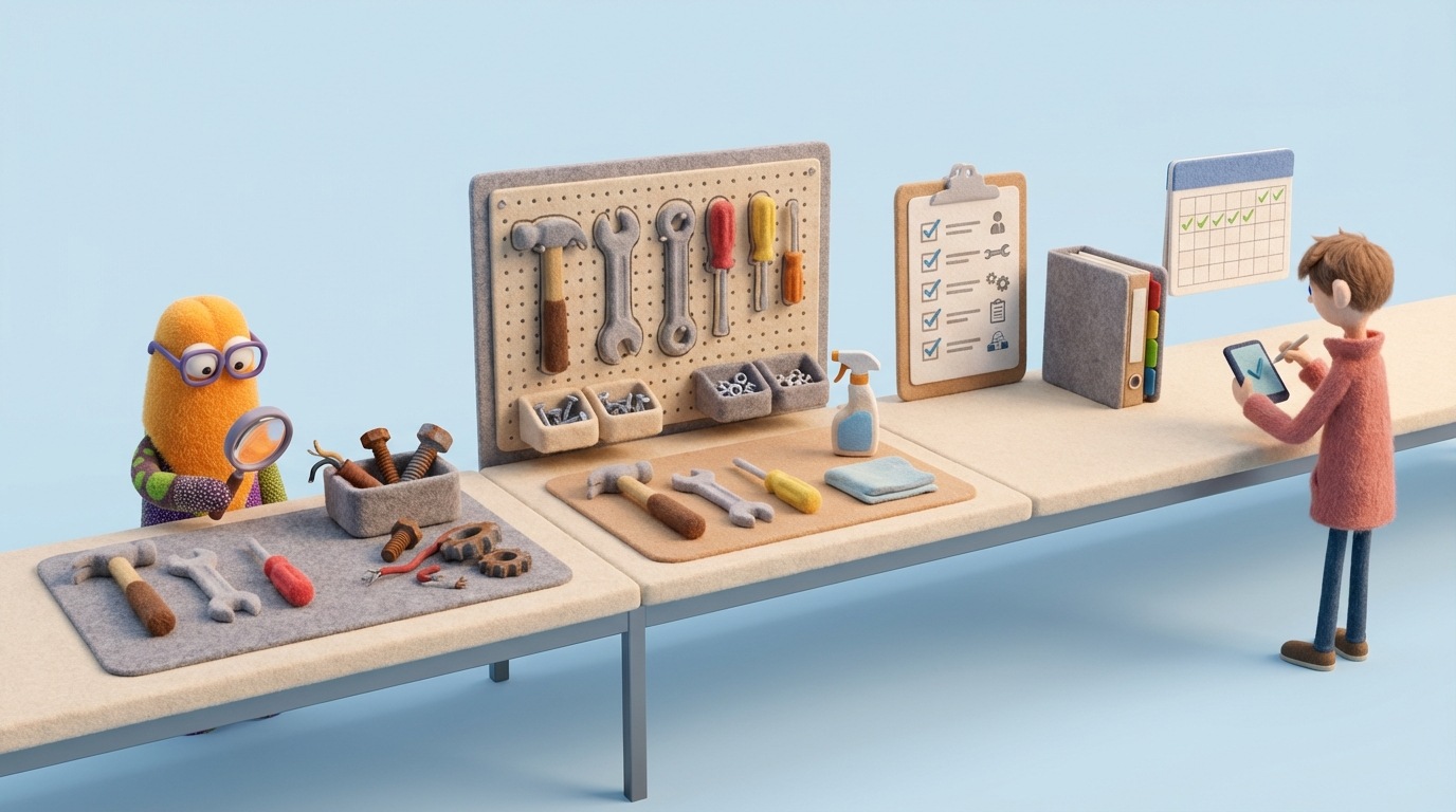 A visual representation of the 5S methodology. Five distinct areas are shown, each illustrating one 'S': Sorting (items neatly separated into 'keep' and 'discard' piles), Setting in Order (tools arranged logically on a pegboard), Shining (a clean workbench with polished tools), Standardizing (a checklist and standardized procedures displayed), and Sustaining (a team member actively performing a routine check). The overall mood is one of order and discipline.