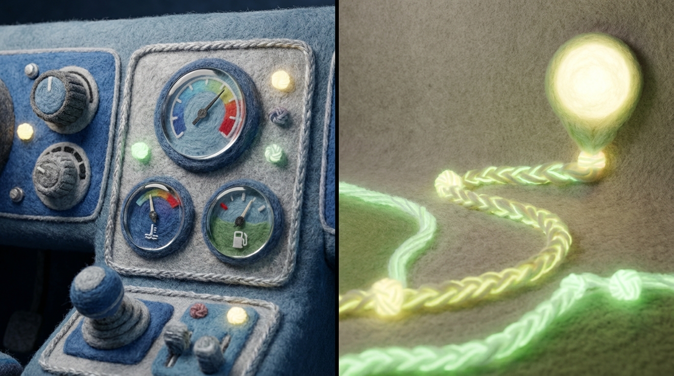 A side-by-side comparison. On the left, a detailed control panel of a machine or vehicle, displaying various gauges and lights: a pressure gauge, a temperature dial, a fuel level indicator. These elements are static and show current status. On the right, a simplified, glowing map interface showing a clear, winding path leading to a distant, brightly lit destination, with progress markers along the way. The left side uses cool, functional blue and grey tones, while the right side is vibrant with greens and yellows, emphasizing future orientation and growth.