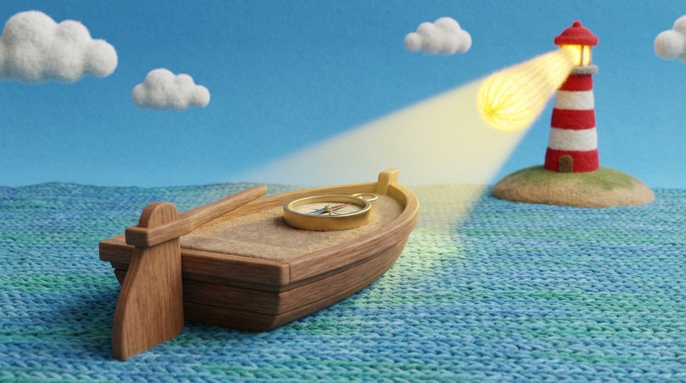 A small, simple wooden boat with a prominent rudder and a compass placed centrally on its deck, navigating through calm, blue waters. In the background, a distant, clearly visible lighthouse shines its beam, serving as a beacon. The sky above is clear, suggesting clarity and purpose. The overall composition emphasizes direction, guidance, and foresight. Cool blue and green tones dominate the water and sky, with a warm, inviting light emanating from the lighthouse.