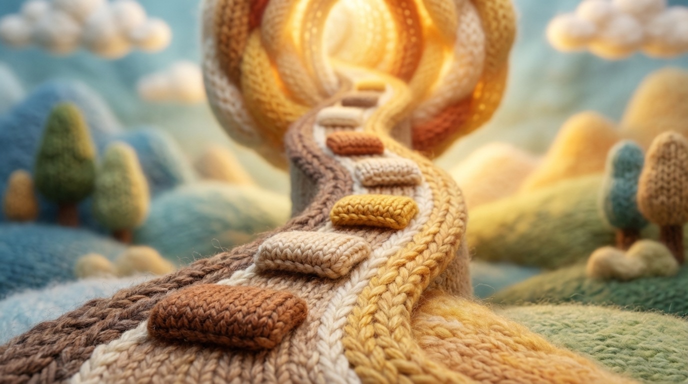 A path with several small, gradually ascending steps leading towards a larger, glowing destination in the distance. Each step is clearly defined and easy to take, symbolizing a series of small, manageable commitments. The overall composition suggests gentle progression and building momentum. The background is soft and encouraging, with a warm, inviting light emanating from the end goal. The mood is hopeful and patient.