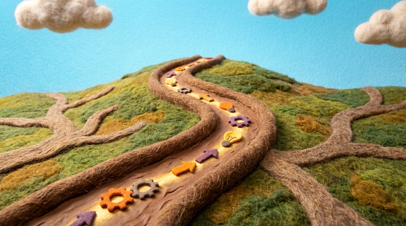 A winding, well-trodden path leading up a gentle hill, with smaller, less defined paths branching off. Along the main path, there are subtle markers of progress or innovation, like small, abstract icons representing successful ideas. The sky above is clear and bright, suggesting clarity and opportunity. The overall palette is earthy browns and greens, with touches of golden light on the main path. Viewed from a slightly elevated perspective.