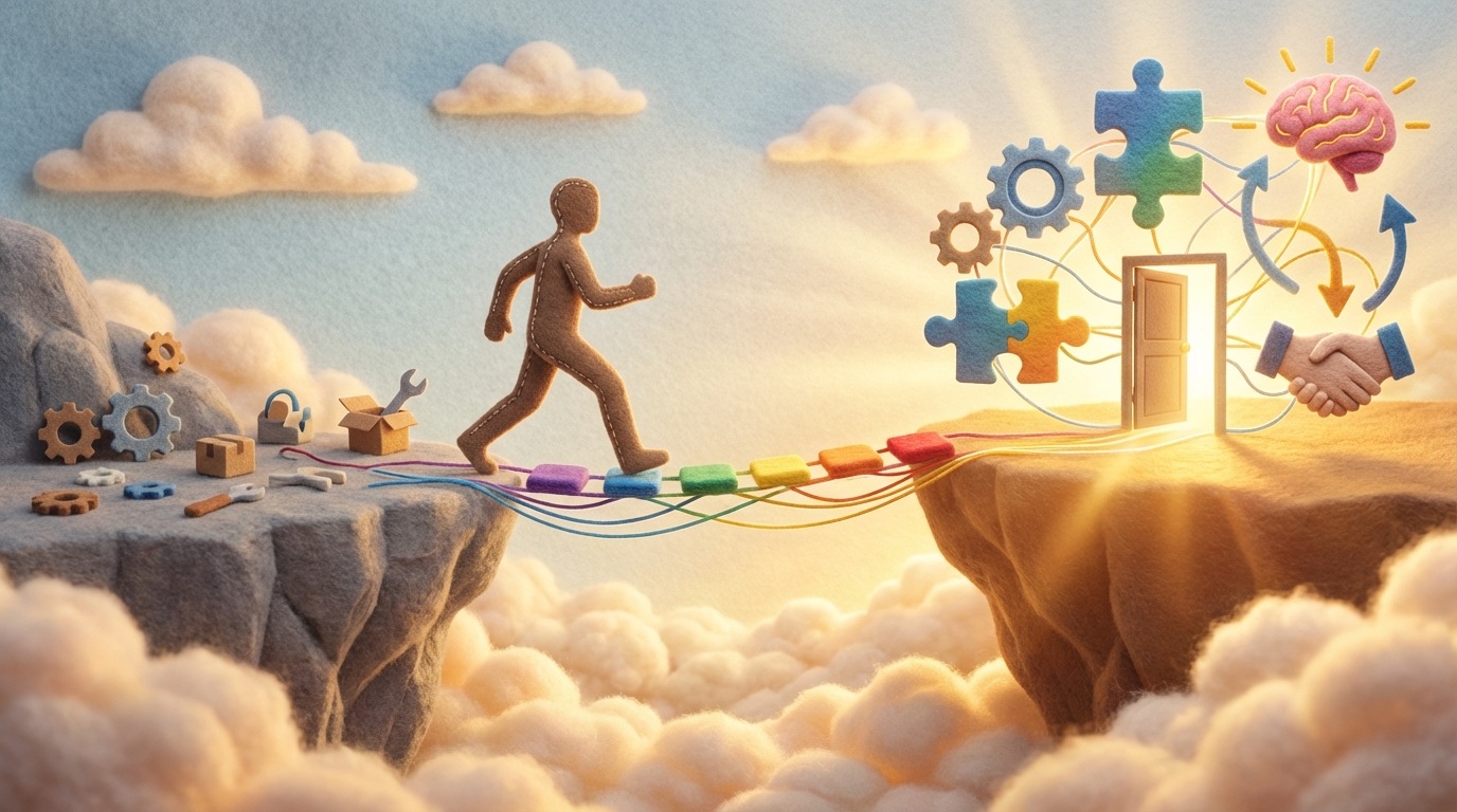 A visual metaphor showing a person (represented by a simple silhouette) stepping from one side of a chasm to another. The first side is labeled "Product-Centric" and has small, isolated product icons. The other side is labeled "Solution-Centric" and has larger, interconnected icons representing solved problems and achieved goals. A bridge or stepping stones connect the two sides, illustrating a successful transition. The mood is empowering and optimistic, with a clear, bright path forward.