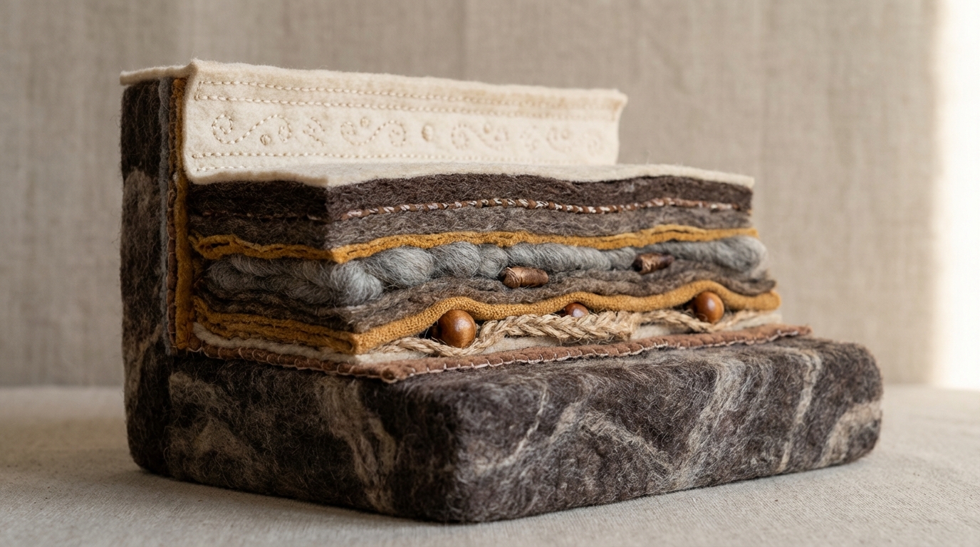 A cross-section of a complex, multi-layered structure, resembling a robust, abstract geological formation or a stylized building. The topmost layer is thin, decorative, and distinct, subtly labeled as "slogan." Below it, deeper, thicker, and more foundational layers are clearly visible, representing core concepts and strategic elements, labeled as "value proposition foundation." The composition emphasizes depth and hidden strength, showing the superficial layer resting on a substantial base. Earthy, stable color palette with varying shades of brown, grey, and ochre. Calm and insightful mood.