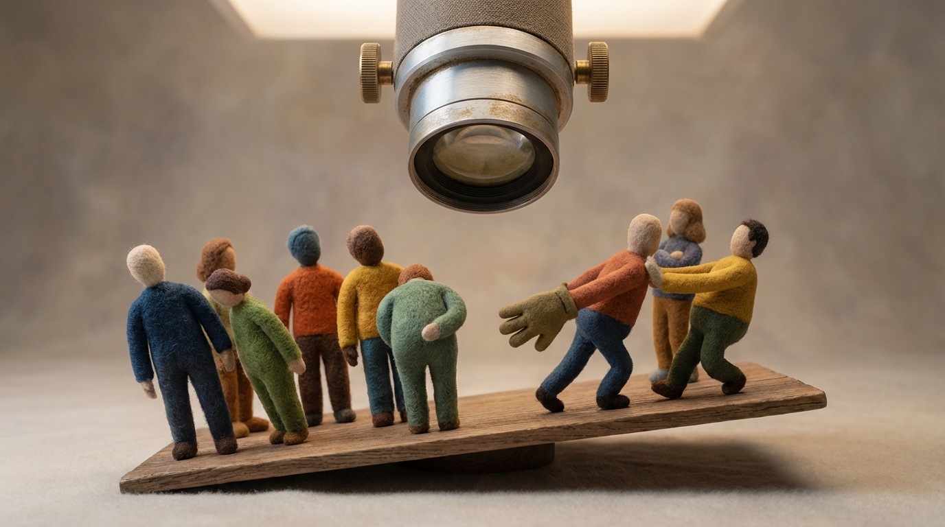 A group of abstract, colorful figures (without faces) standing on a slightly tilted platform. Some figures are leaning, some are looking away, and one or two are actively trying to push the platform back level, but without coordination. A large, stylized microscope lens is positioned directly above the group, observing their uncoordinated efforts. The mood is one of subtle disunity and observation. High-angle shot, focusing on the group on the platform. Varied, slightly desaturated colors for the figures.