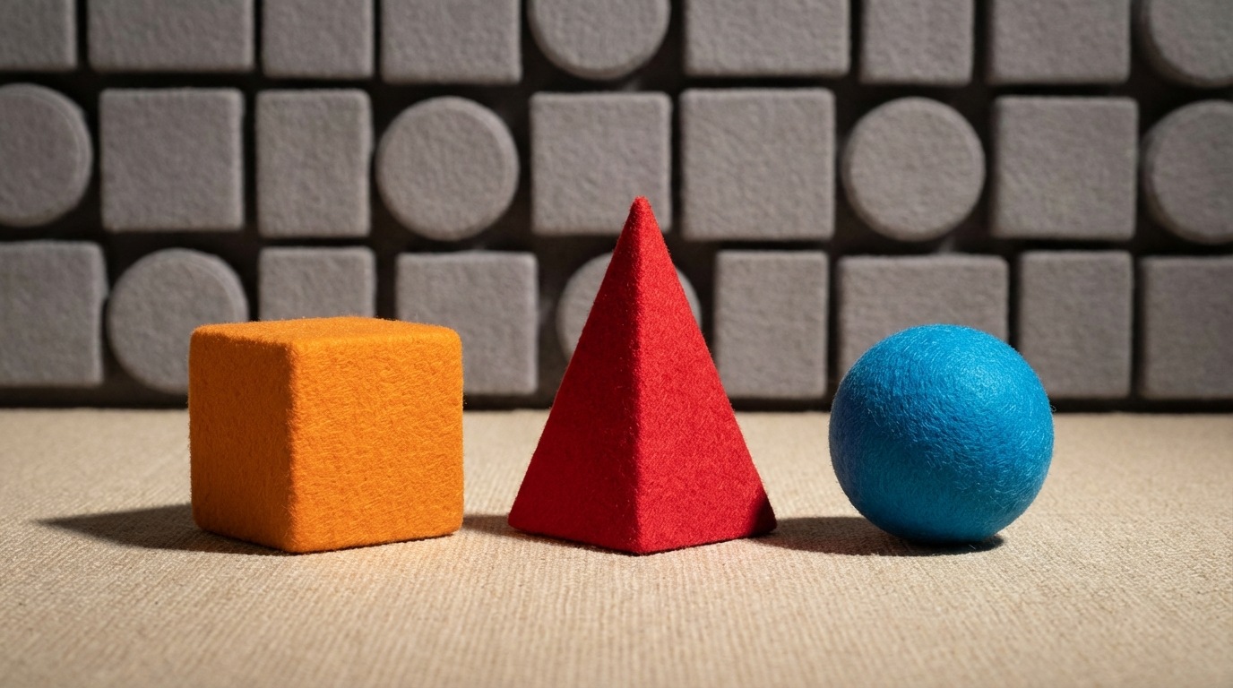 A collection of distinct, brightly colored geometric shapes (a sturdy cube, a tall pyramid, a perfectly balanced sphere) standing out from a background of identical, grey, uninspired shapes. The unique shapes cast clear, confident shadows, symbolizing strong, identifiable attributes. The composition emphasizes uniqueness and inherent strength.