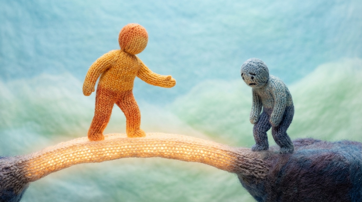 A stylized illustration of a bridge connecting two abstract figures, symbolizing connection and support. One figure is reaching out to the other, who appears to be in distress. The bridge is illuminated, representing the leader's role in bridging the gap and offering support. The background is a calming gradient.