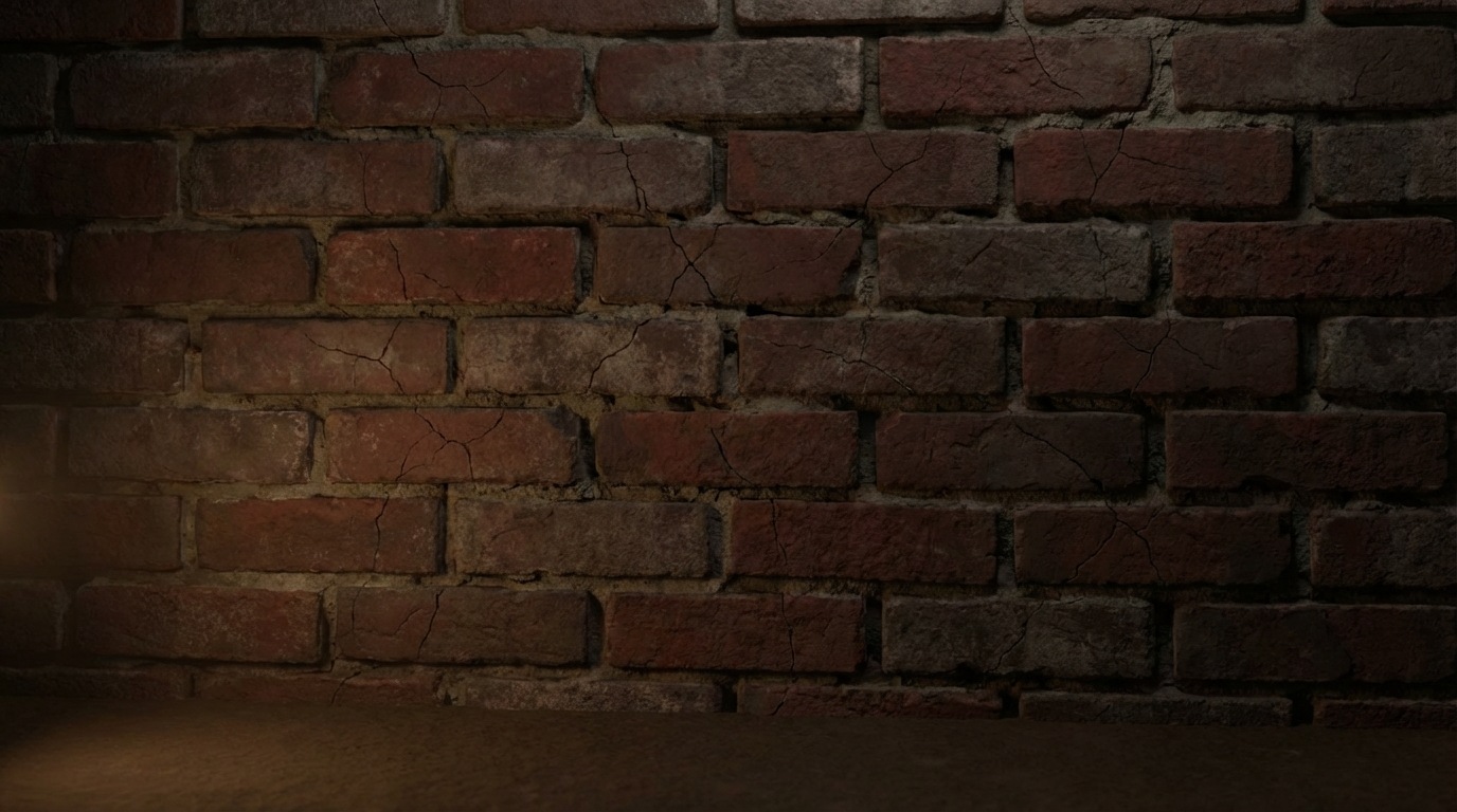 A seemingly solid, well-constructed brick wall, but with subtle, hairline cracks appearing between the bricks and in the mortar, hinting at underlying structural damage that is not immediately obvious. A soft, dim light casts long, unsettling shadows. Earthy, subdued color palette.