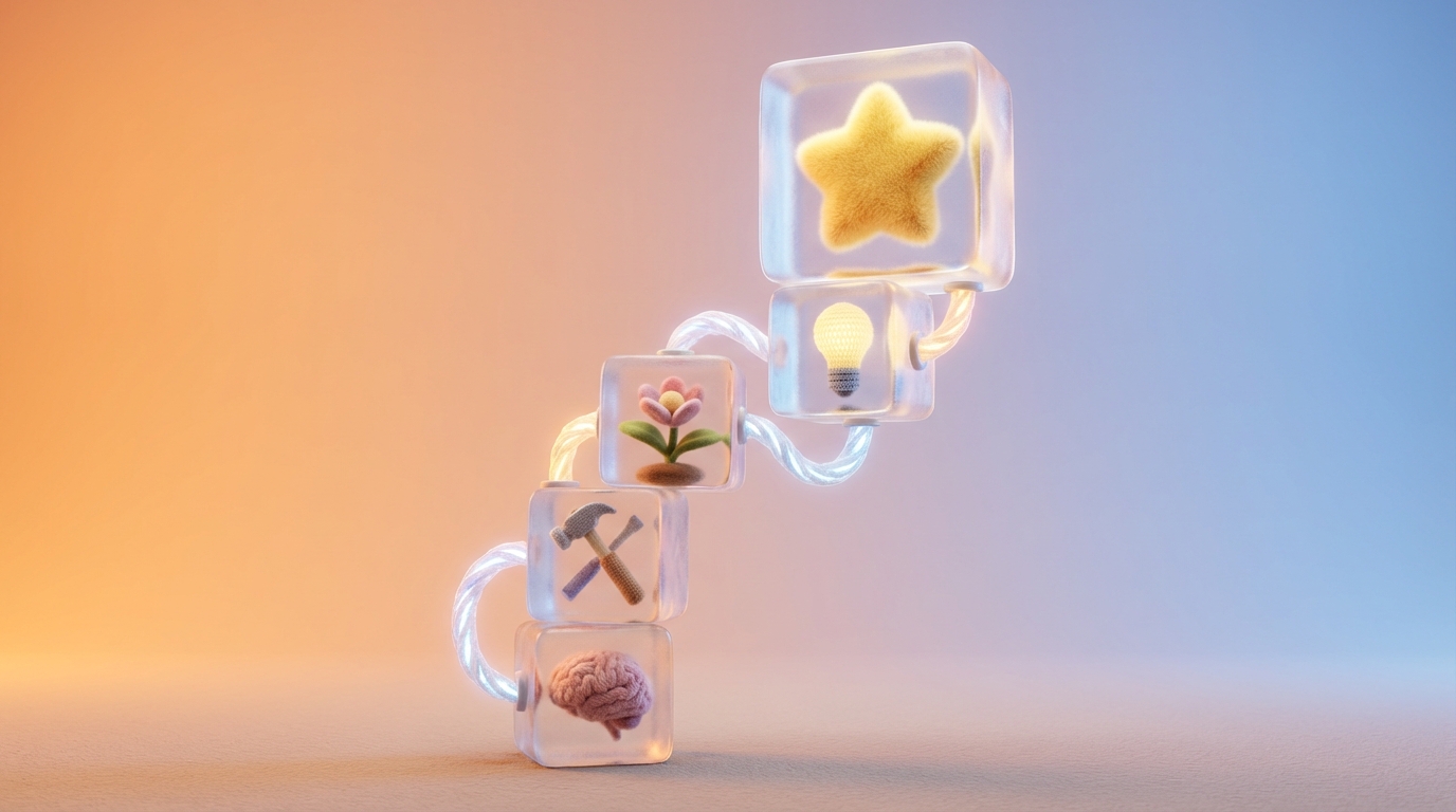 A series of transparent, stacked building blocks, each clearly showing its contents and purpose, creating a visible path upwards. At the very top, a glowing symbol of achievement or recognition is prominently displayed. Each block has a clear, visible connection to the next, illustrating a clear progression and reward system. Bright, clean aesthetic with a sense of clarity and purpose.