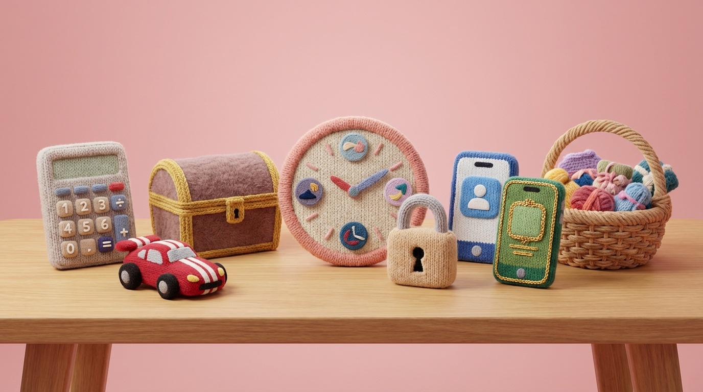 A collection of diverse objects arranged on a table, each representing a different pricing model. A simple calculator for cost-plus, a competitive race car for competitive pricing, a treasure chest for value-based, a clock with changing numbers for dynamic, a padlock for subscription, a basic and premium version of an app for freemium, and a gift basket for bundle pricing. The composition is varied but harmonious, showing options.