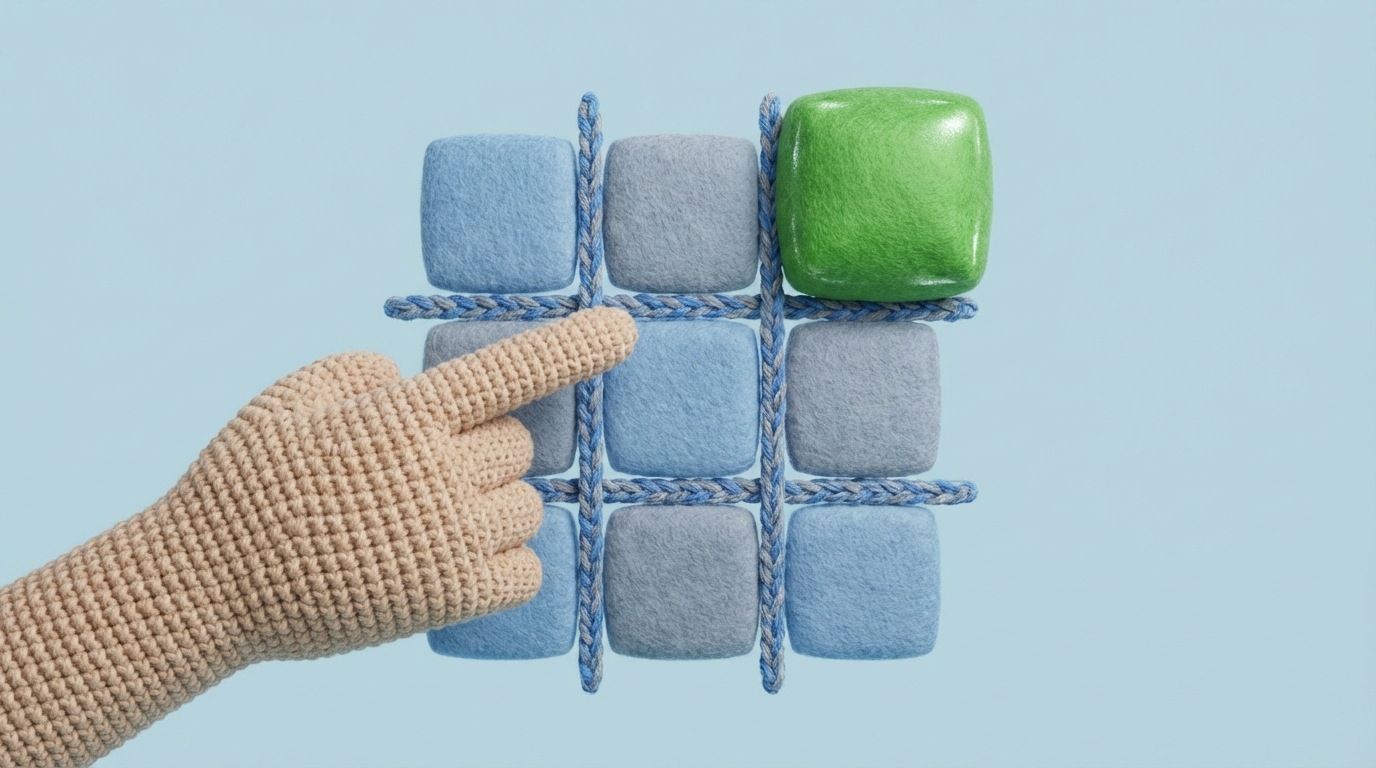 A minimalist, three-column grid or matrix representing a decision-making framework. The columns are labeled "Impact," "Confidence," and "Ease." Within the grid, one cell in the top-right quadrant is distinctly highlighted and larger, signifying a high-priority task. A hand is pointing directly to this highlighted cell, emphasizing its selection. The color palette is clean, with soft blues and grays, and a vibrant green for the highlighted cell, creating a clear and decisive mood.