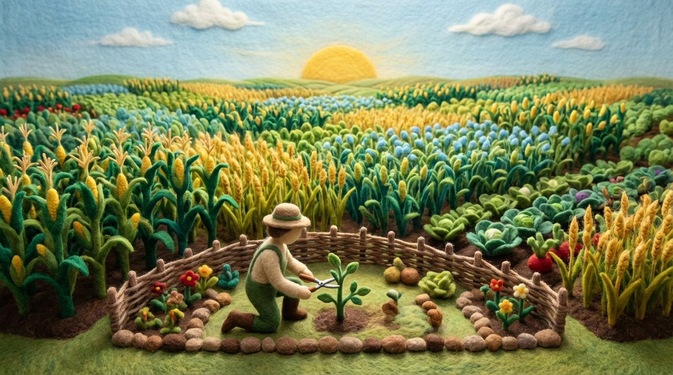 A small, carefully tended garden patch in the foreground, with a gardener meticulously pruning a single small plant. In the background, beyond a low fence, a vast, fertile field stretches out, filled with lush, abundant crops, largely unnoticed by the gardener. The colors in the foreground are detailed but confined, while the background is expansive and vibrant, symbolizing missed growth potential.
