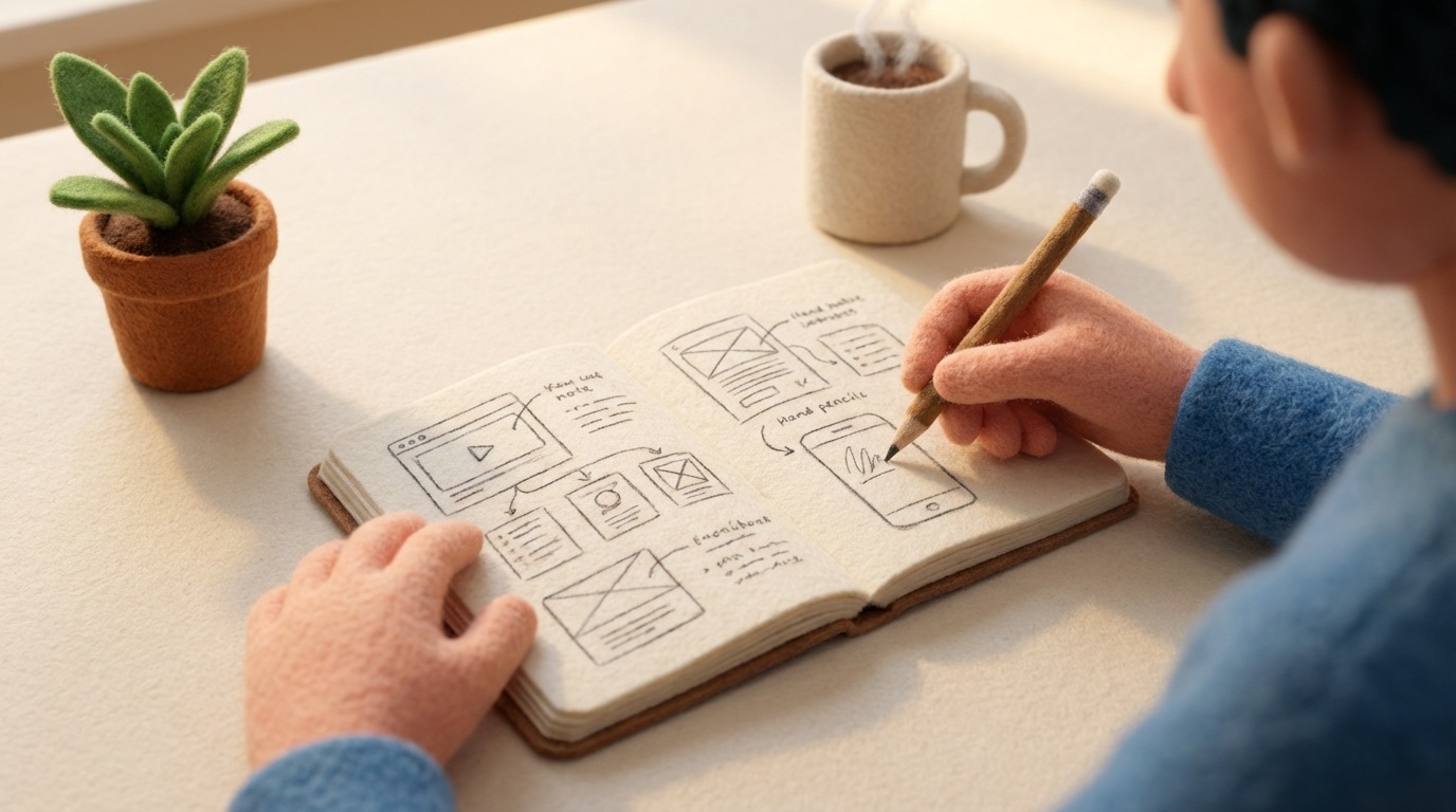 A person sketching ideas and notes in a simple notebook with a pencil, surrounded by everyday objects like a coffee mug and a small plant, implying resourcefulness. No expensive equipment is visible, emphasizing the "zero budget" aspect. The background is a plain, light-colored desk. The mood is focused and practical. Warm, natural light. Close-up view of the notebook.