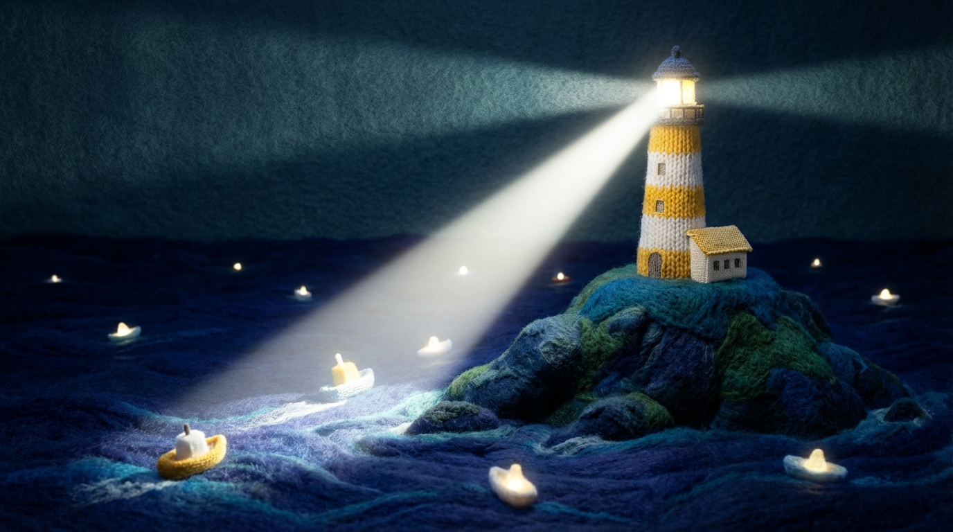 A stylized, glowing lighthouse stands tall on a rocky digital island in a vast, dark ocean. Many small, glowing boats (representing potential customers) are navigating the waters, some moving towards the lighthouse, others drifting aimlessly in the distance. The lighthouse beam cuts through the darkness, illuminating a path. The overall mood is one of guidance and clarity amidst uncertainty. Dominant colors are deep blues, greens, and bright whites for the light.