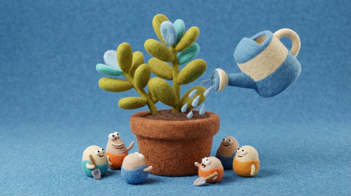 A stylized, thriving plant with healthy leaves, nurtured by a gentle watering can. Around the plant, several small, abstract figures are gathered, looking engaged and content. The scene conveys continuous care and community building, leading to sustained interest and growth. The color palette is fresh and vibrant, with warm greens and blues. Close-up, slightly elevated perspective, emphasizing the nurturing process.