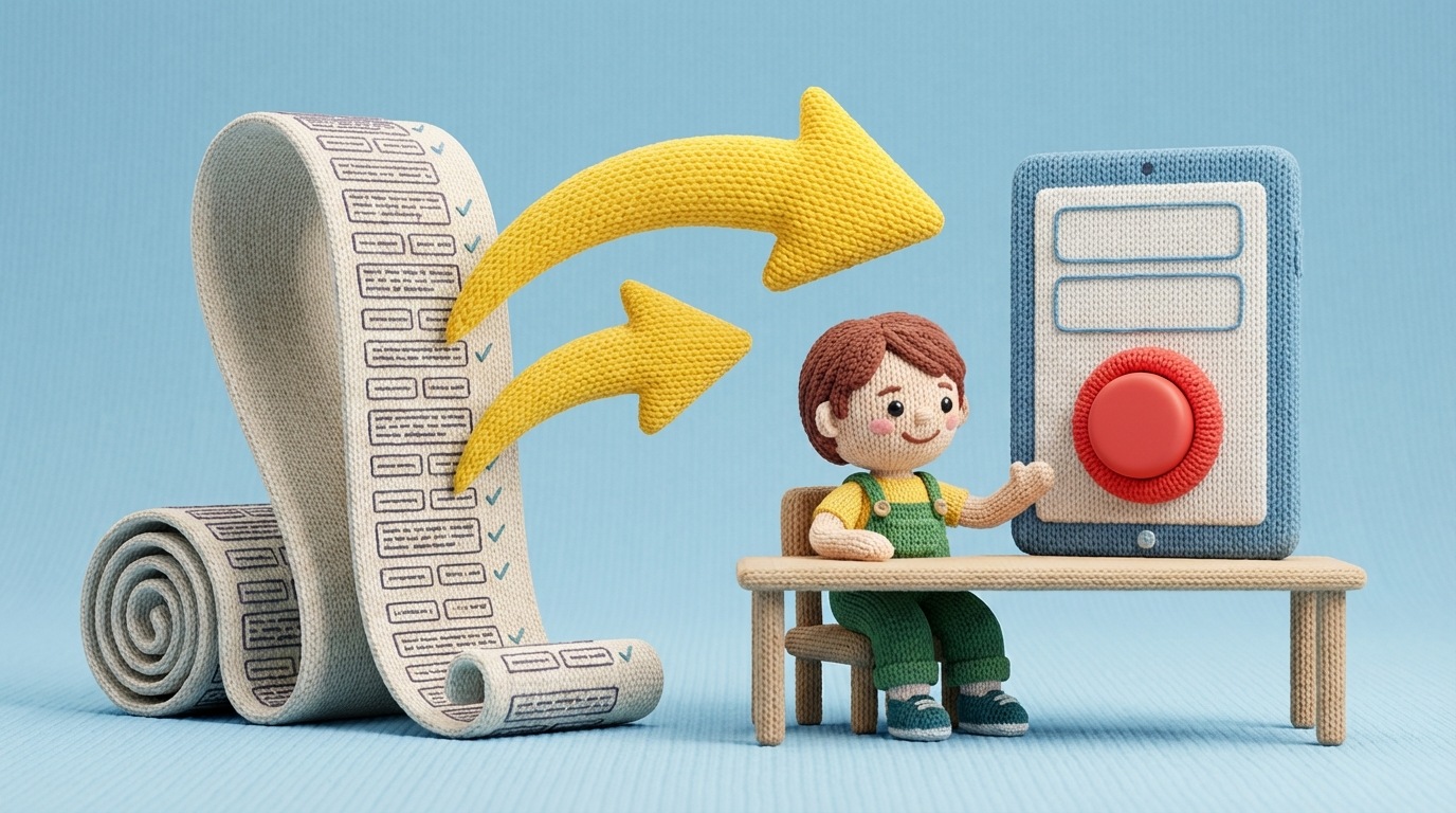 A stylized representation of a student signing up for an online course. On the left, a long, complex form is depicted with many fields. On the right, a simplified form with only two fields (name and email) is shown, with a prominent 