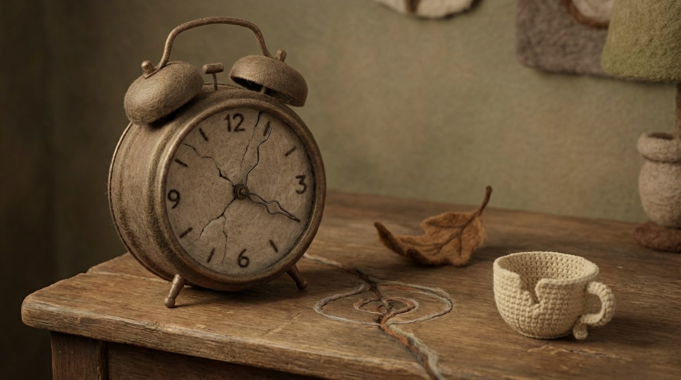 A large, old-fashioned alarm clock with a cracked face and bent hands, slowly ticking on a worn wooden desk. Around it are several small, distinct objects that serve as subtle warning signs: a single wilting leaf, a small, chipped teacup, and a faint, spiraling crack in the desk itself. The background is blurred, drawing attention to the foreground elements. A calm, yet subtly foreboding mood. Medium shot, slightly from above. Earthy, muted tones.