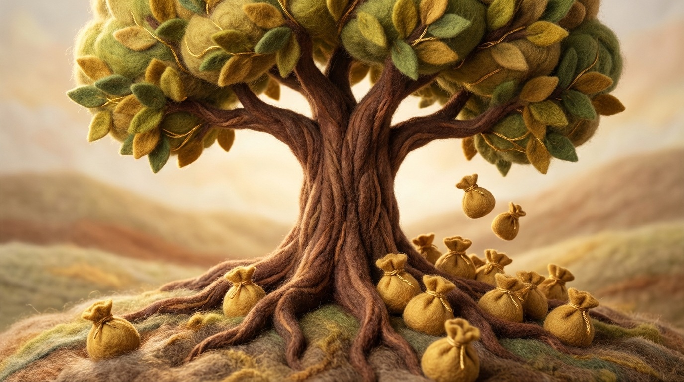 A robust, stylized tree with a thick trunk, deep, visible roots, and a wide, flourishing canopy of green and golden leaves. At the base of the tree, small, stylized bags of money are accumulating over time, some partially buried in the soil, others freshly fallen. The tree is positioned centrally in the frame, surrounded by a soft, warm background that suggests longevity and growth. The color palette is earthy greens and browns for the tree, with bright gold for the money bags, creating a sense of natural, sustained prosperity. Viewed from a slightly low, wide-angle perspective.