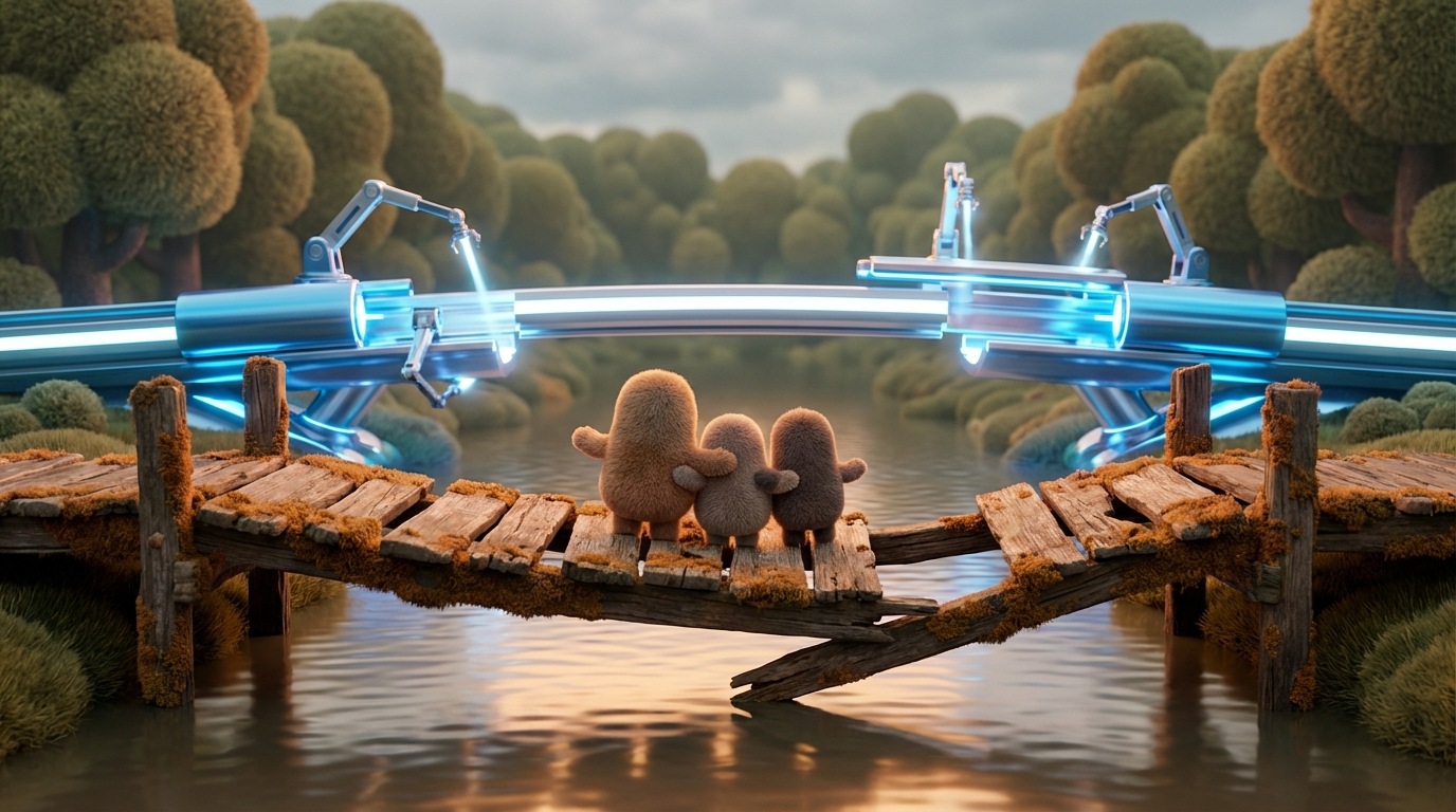 A stylized, old, well-worn wooden bridge that is slowly crumbling and being neglected, while a new, shiny, futuristic bridge is being rapidly constructed nearby. The old bridge has a few loyal, abstract figures (without faces) hesitantly trying to cross, looking back at the new, empty bridge with concern. The scene conveys a sense of abandonment and misplaced focus. The color palette contrasts the warm, faded tones of the old bridge with the cold, bright colors of the new one.